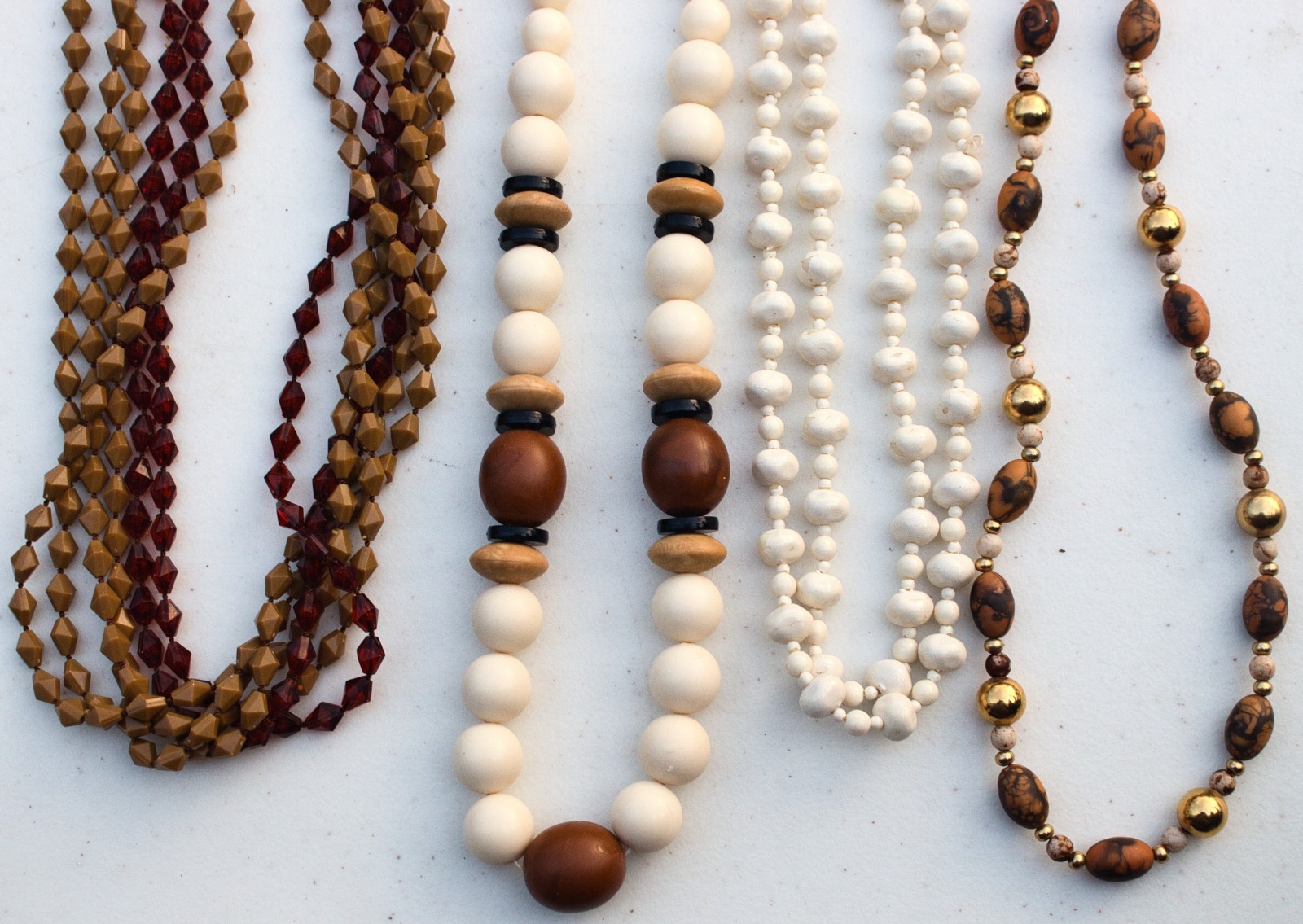 Vintage to Now Lot of 4 Off-White & Brown Bead necklaces – 1 signed Napier