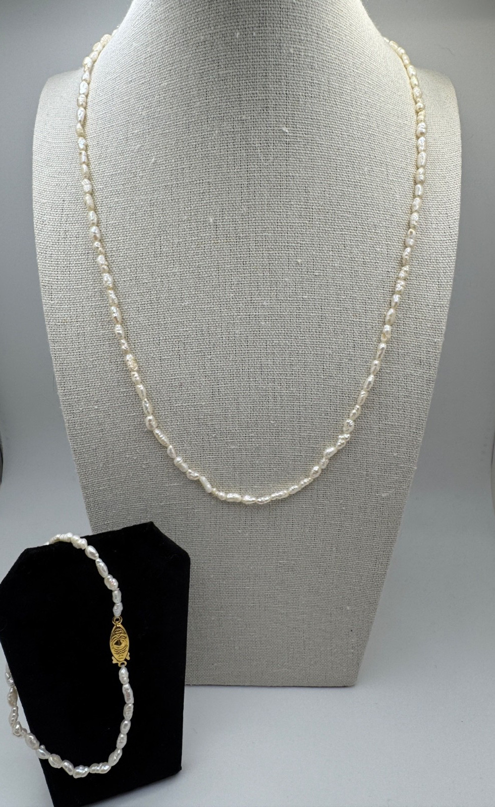 Vintage Rice Pearl Necklace Bracelet Set 20″ 8″ Gold Tone Fish Hook Clasp