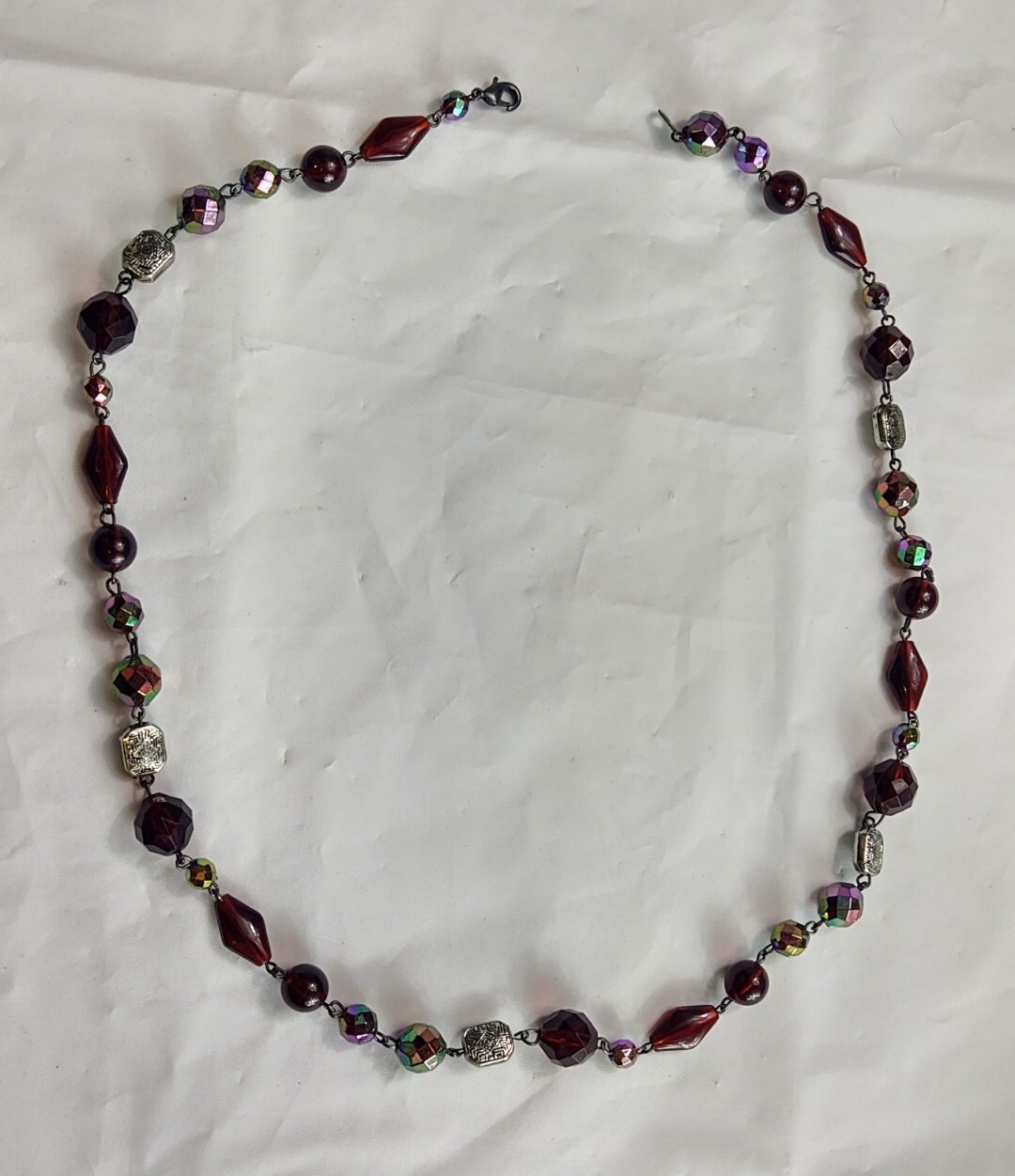 Vtg Beaded Necklace Silver Tone Clasp Red Iridescent Ornate Silver Tone Beads