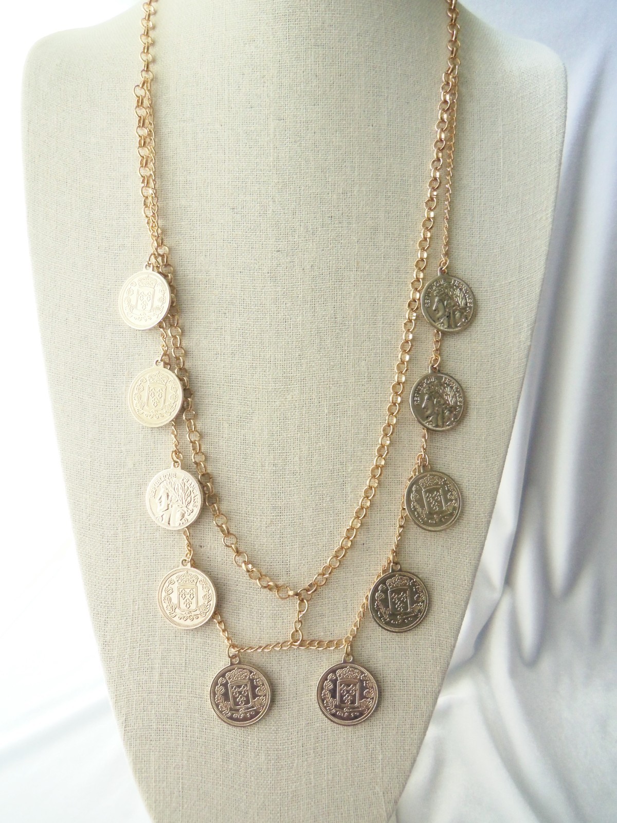 Vintage Gold Tone Double Chain Faux Coin Fringe Necklace