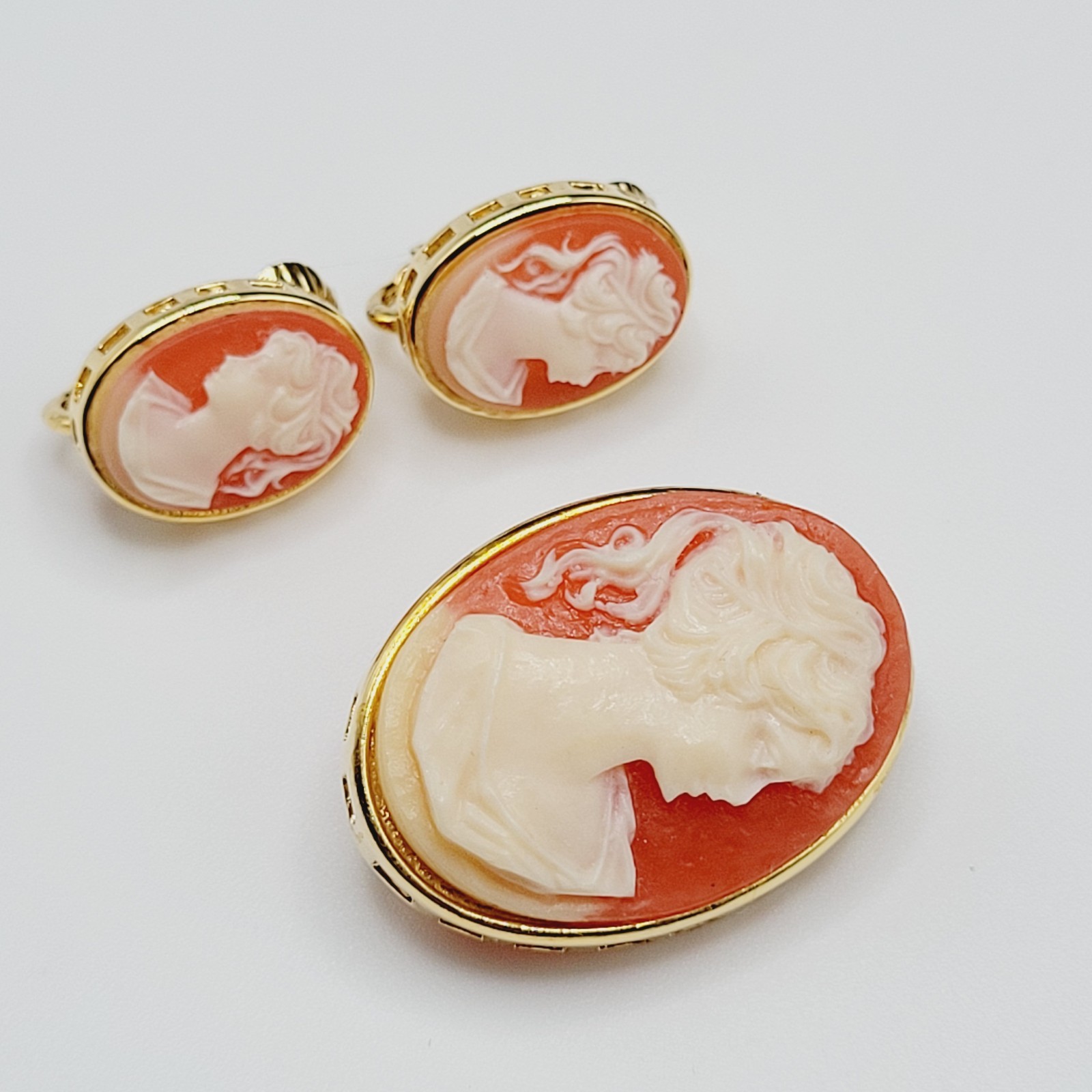 Cameo Set Resin Backed Gold Tone Open Works Frame Salmon Coral Color Revival