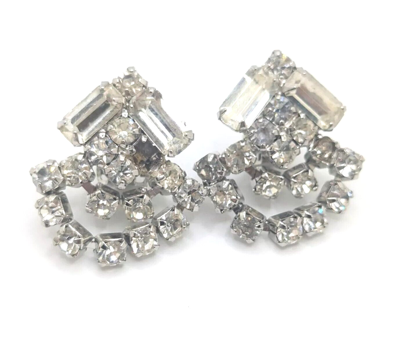 Vintage Rhinestone Drop Dangle Clip On Earrings Marquise Murder Mystery Party