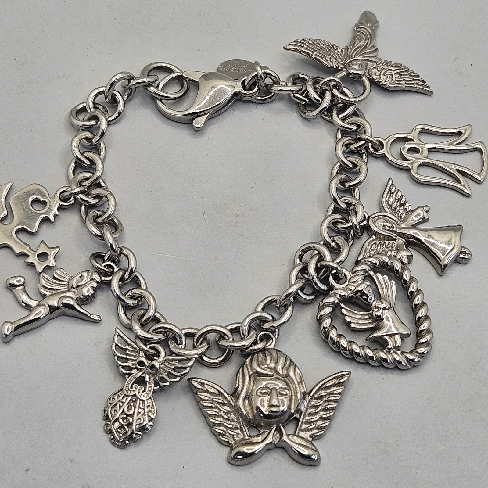 Milor Charm Bracelet Guardian Angel Cherub Stainless Steel Silver Tone 7″ Chain