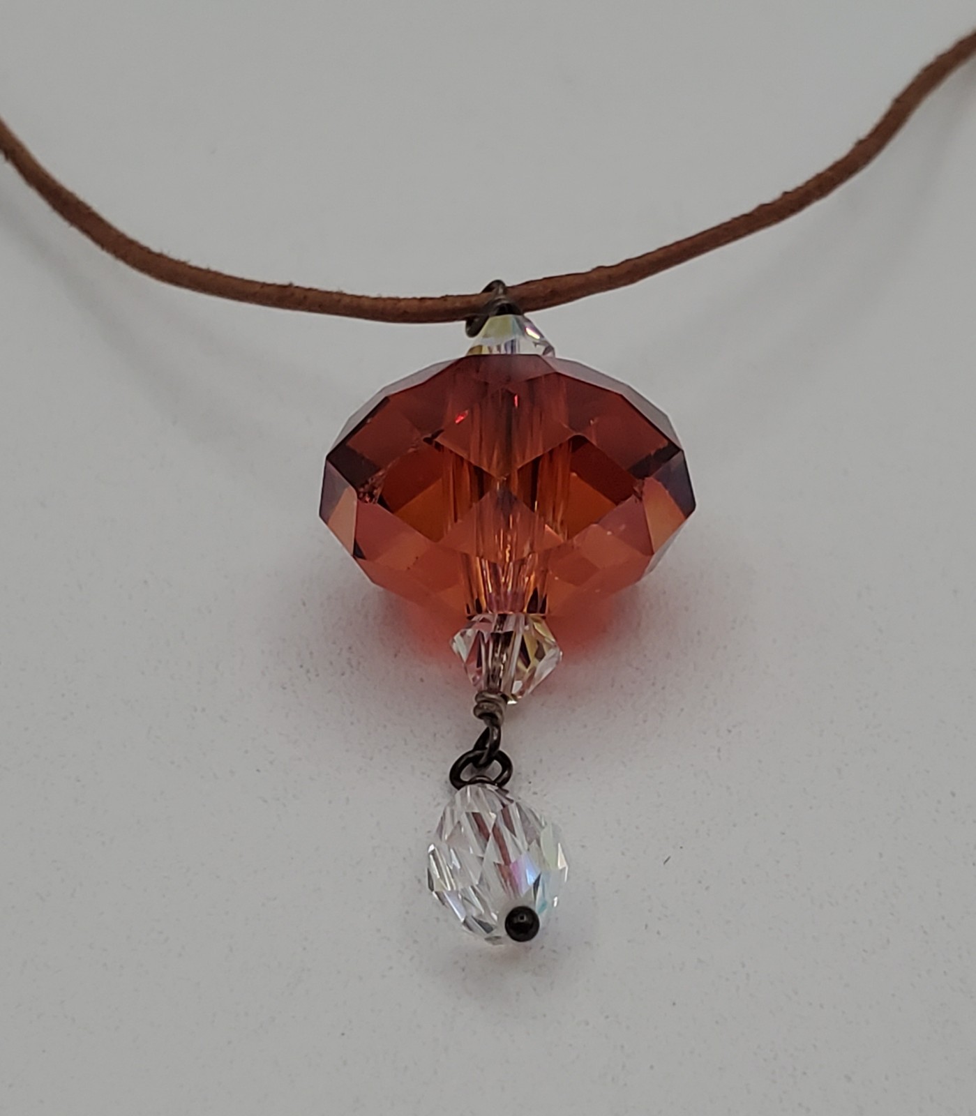 VTG 925 Faceted Amber Tone Crystal Necklace 18in Sterling Clasp Raw Leather Cord
