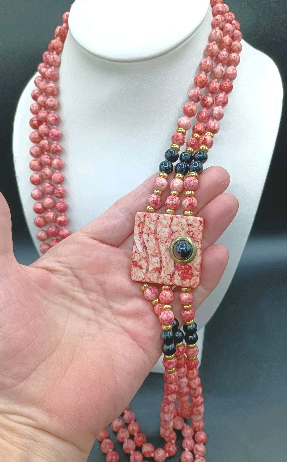 Vintage Pink Stone Necklace Beaded Multi Strand Side Pendant Hook Clasp