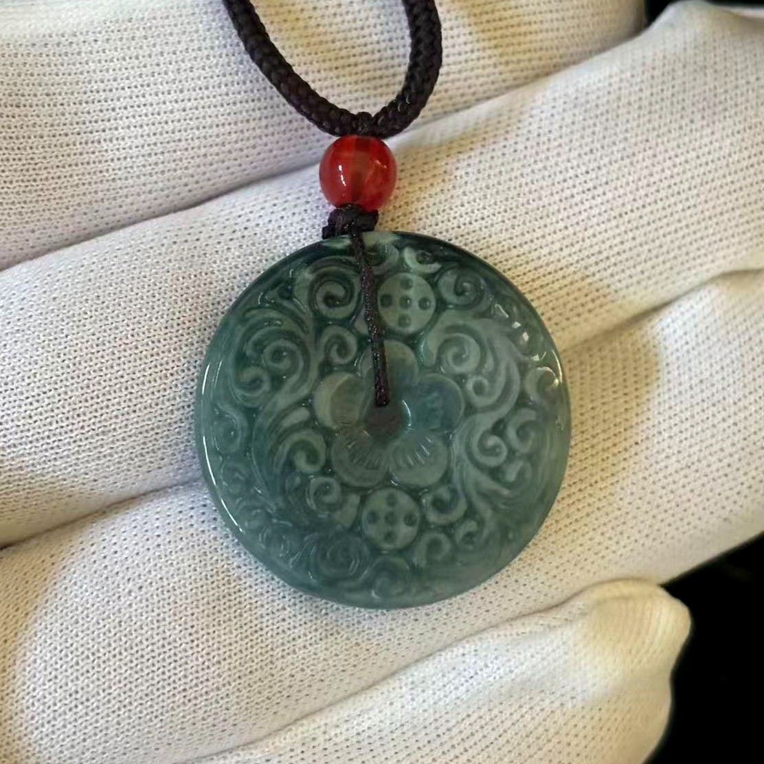 Natural Green Jade Jadeite Embossed Floral Pendant Round, Adjustable Cord