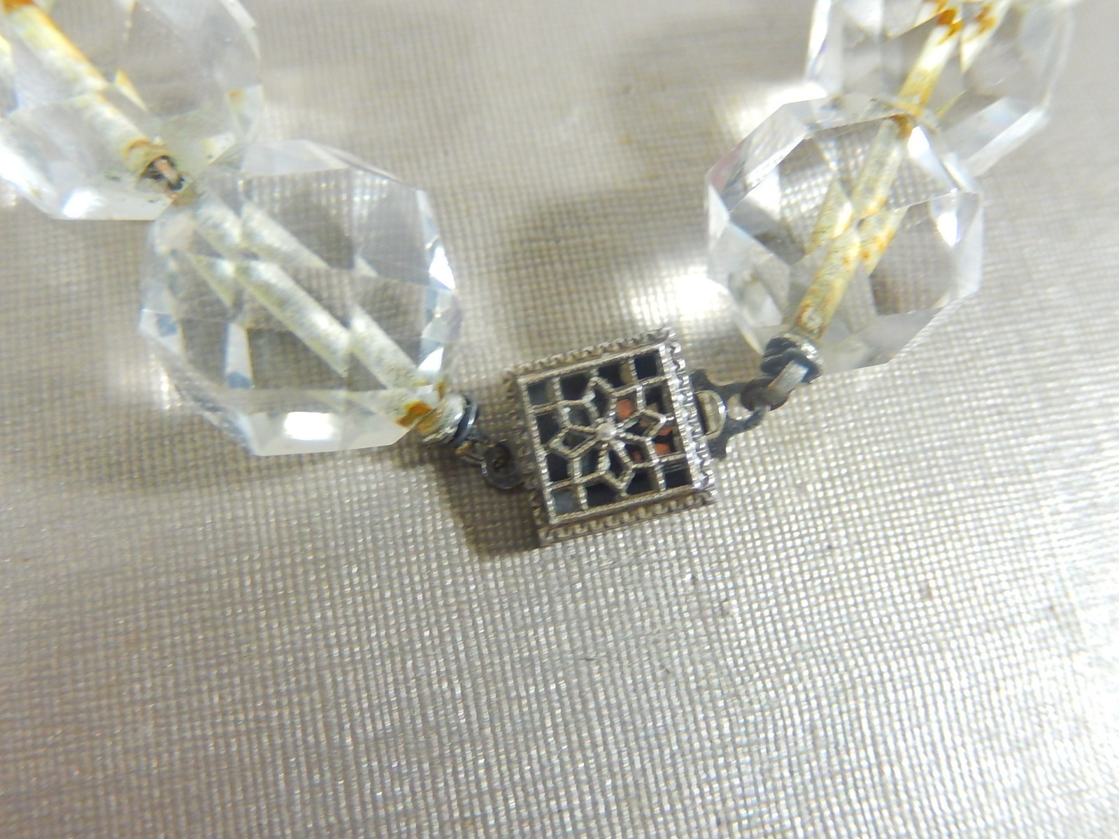 ANTIQUE ART DECO LARGE FACETED QUARTZ ROCK CRYSTAL BEAD STERLING 20″ NECKLACE