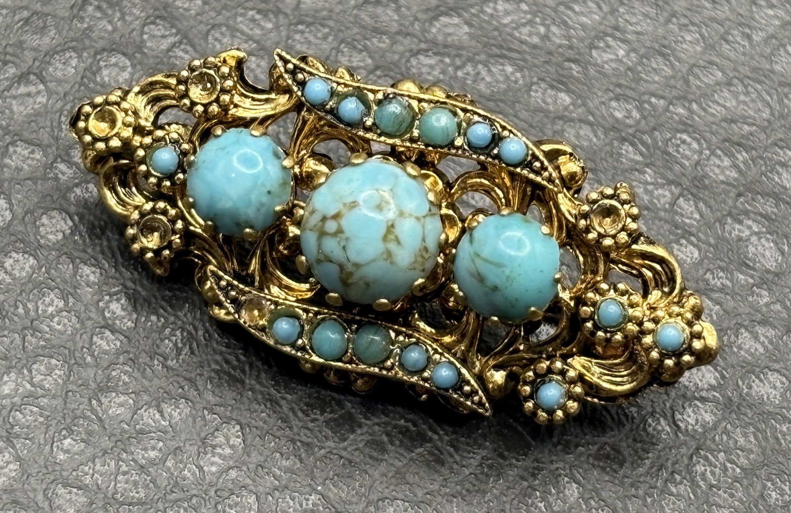 Vintage Victorian Revival Brooch Faux Turquoise Glass Cabochon Pin Ornate READ