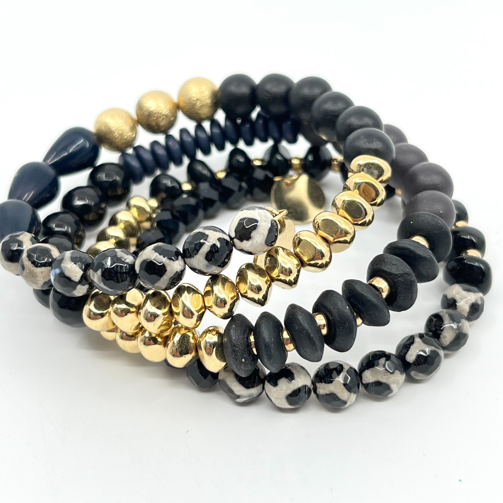 Vintage Boho Black Gold Multi-Strand Beaded Wrap Bracelet Mixed Texture Stack