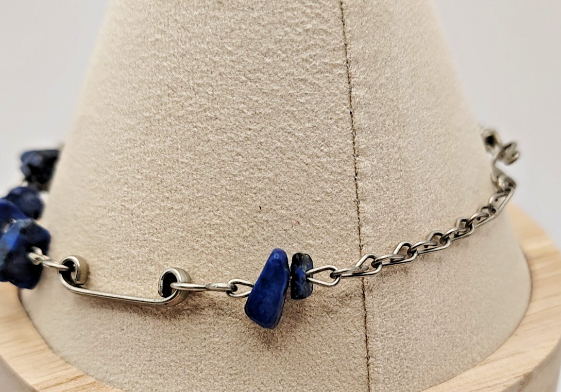 Vintage Iolite Lapis Lazuli Gemstone Beads Artisan Chain Bracelet Hook Clasp 8″