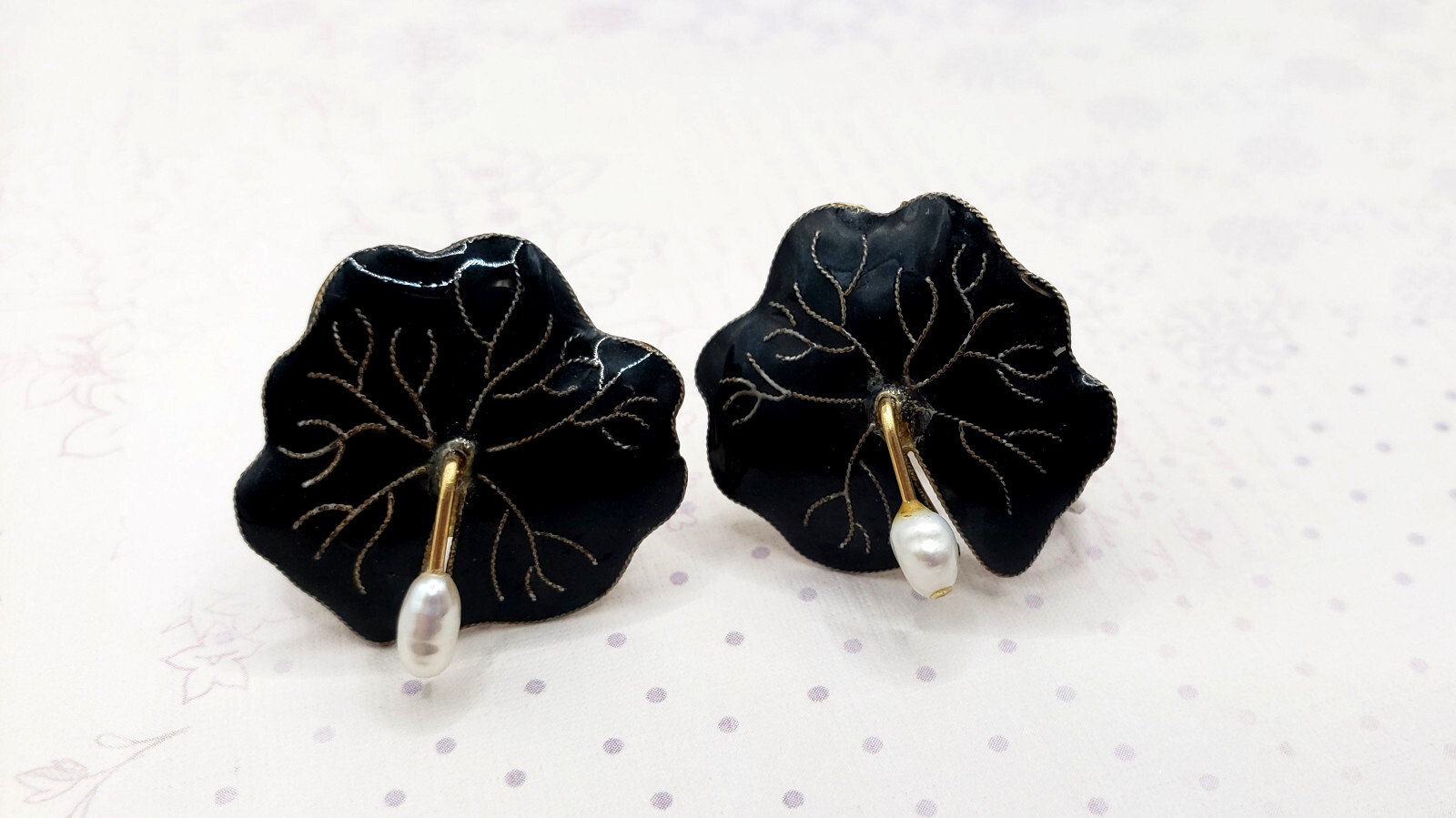 Vintage 14K Gold Pearl & Black Coral Branch Brooch & Earrings Set