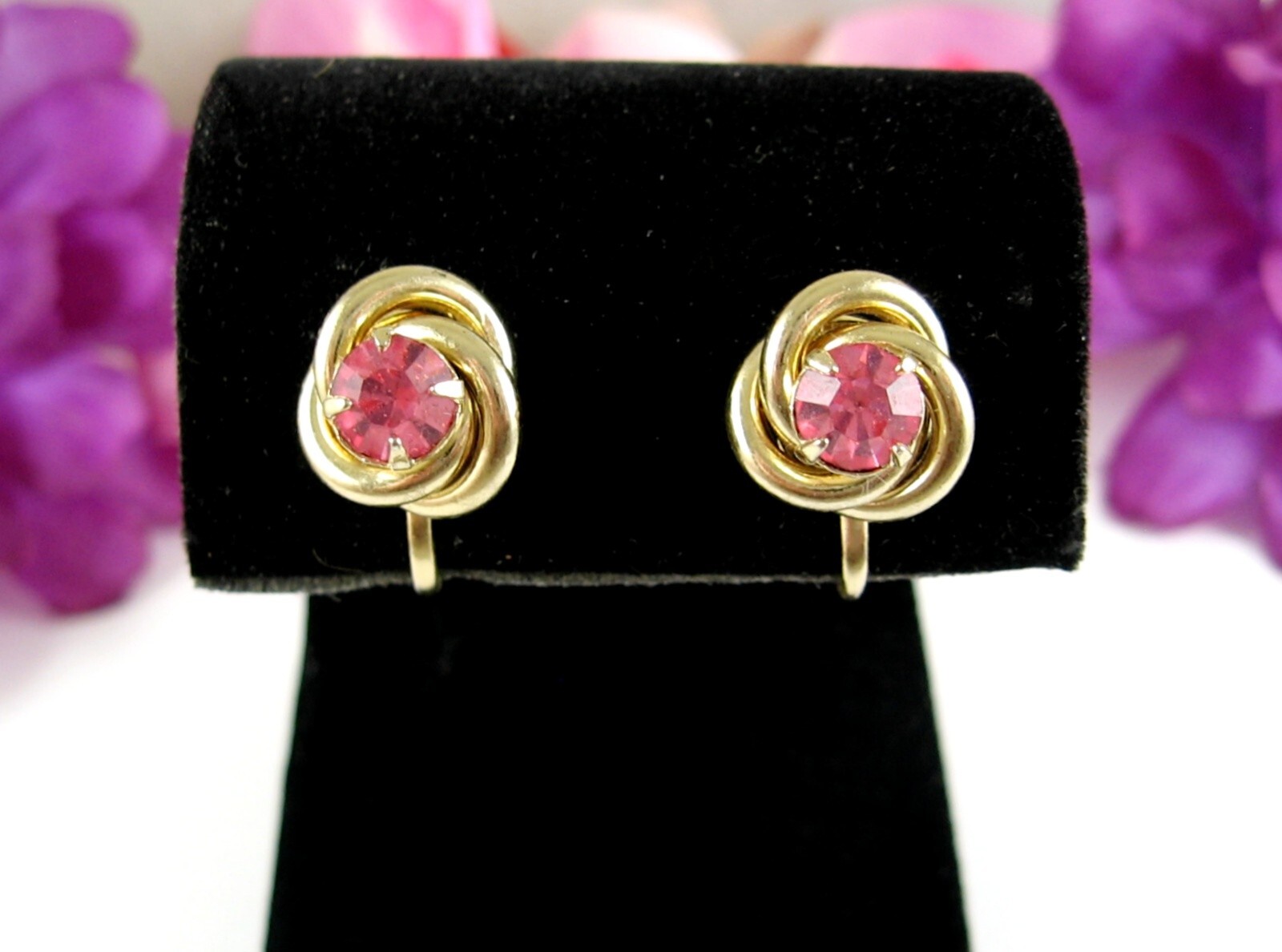 CORO Pink Rhinestone Vintage Screw Back EARRINGS Love Knot Goldtone 1/2″