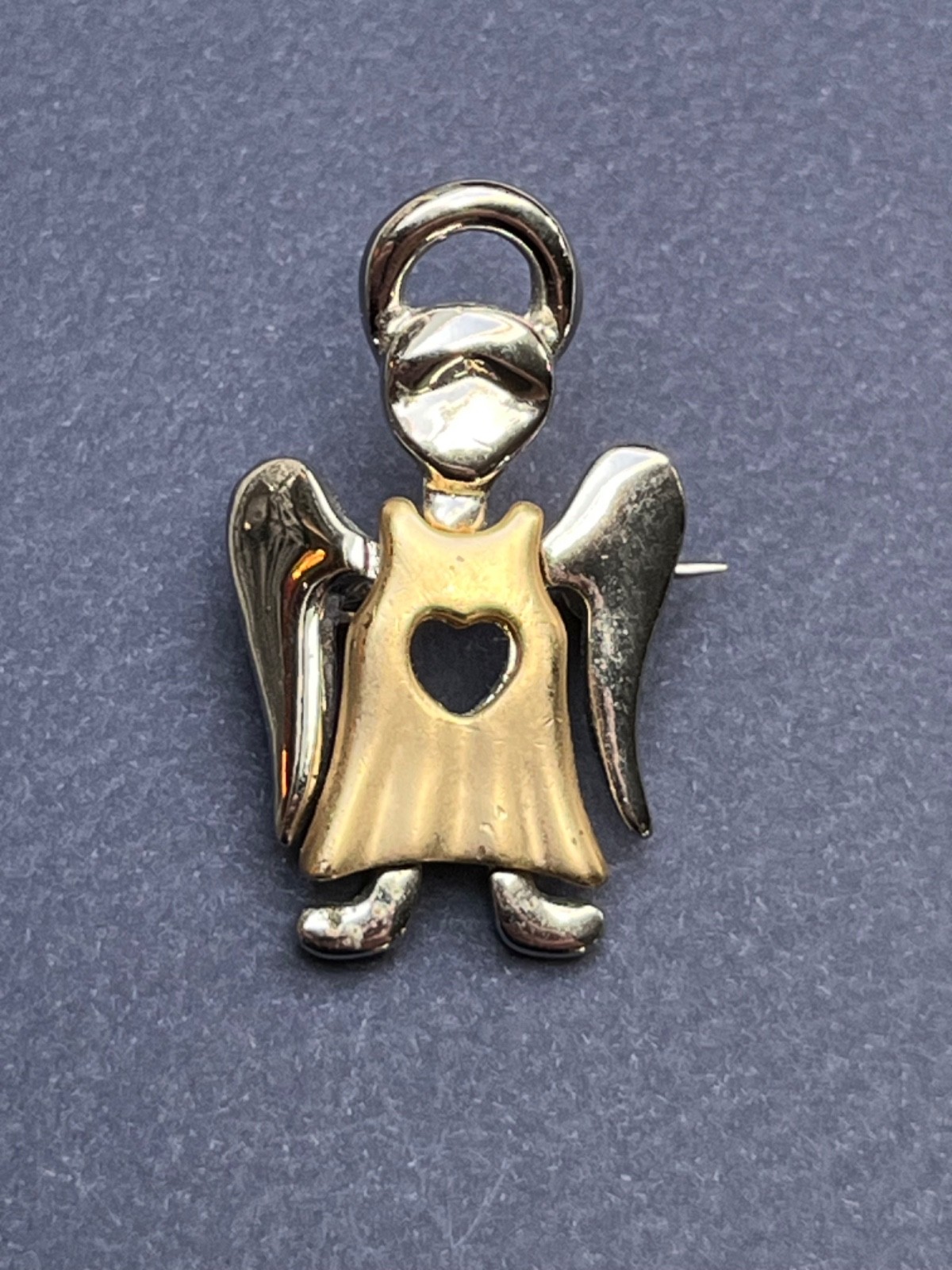 Angel Brooch Gold & Silver Tone ~ 1980s Guardian Angel Pin with Heart Cutout
