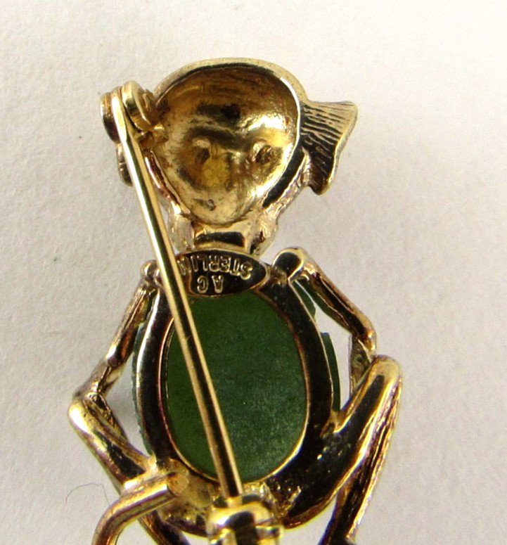 Vintage Estate AC Sterling Silver & Nephrite Jade Brooch Pin Monkey 1”