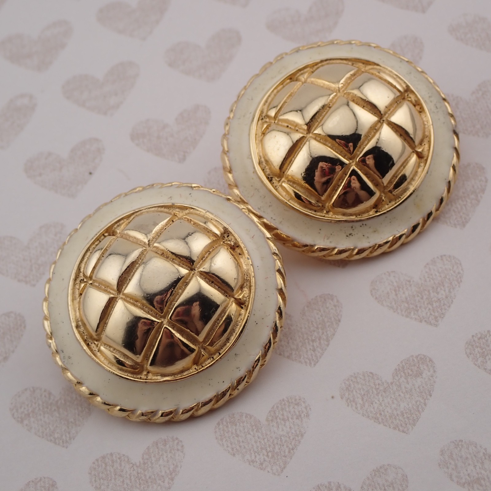 Vintage Oversized Gay Boyer Puffy Lattice Dome Cream Enamel Round Clip Earrings