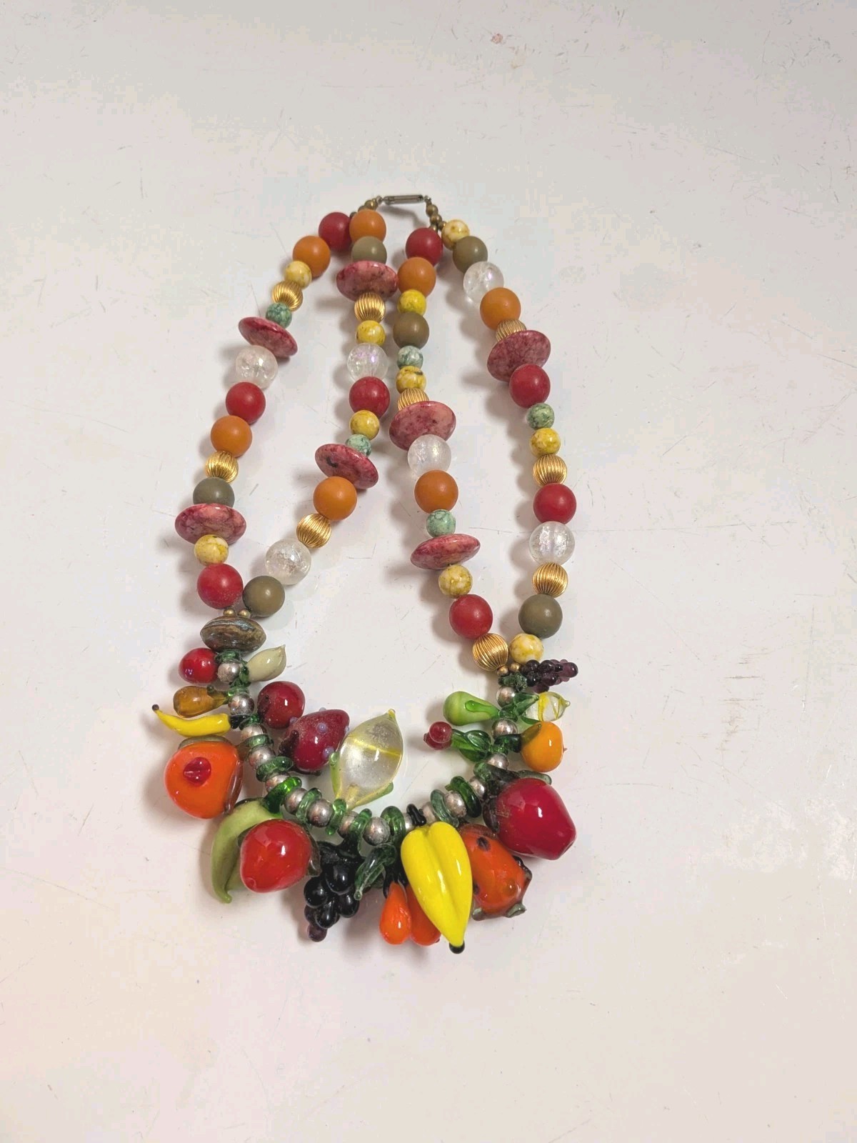Vtg Fruit Salad Art Glass Fruit Dangle Charm Style Necklace Bananas Apple Grapes