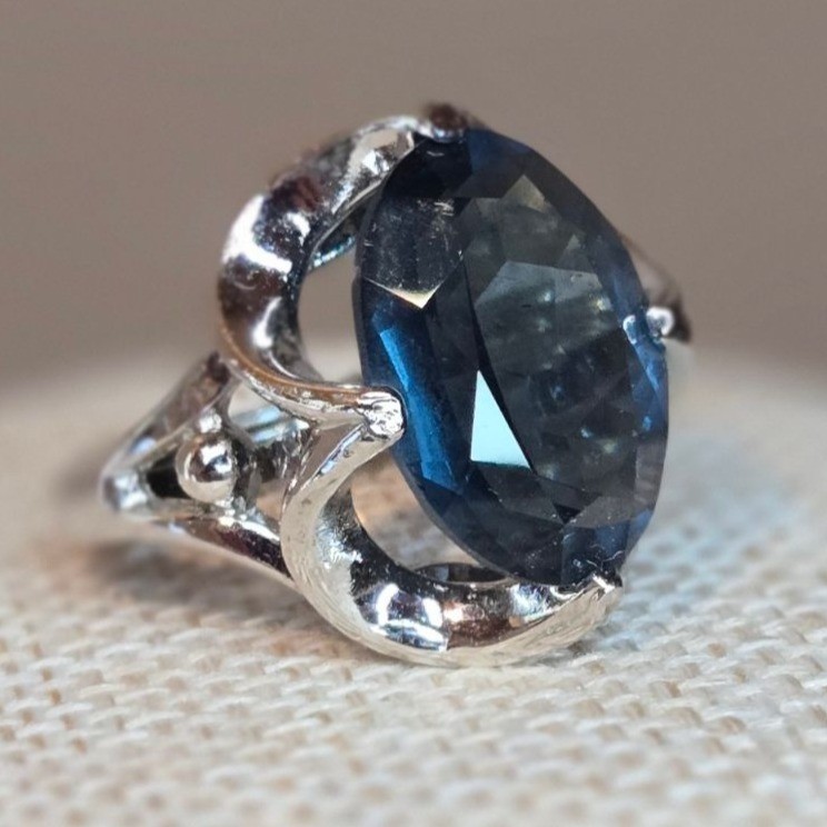 Cellini Sterling Silver Blue Crystal Cocktail Ring Vintage Statement Jewelry 7