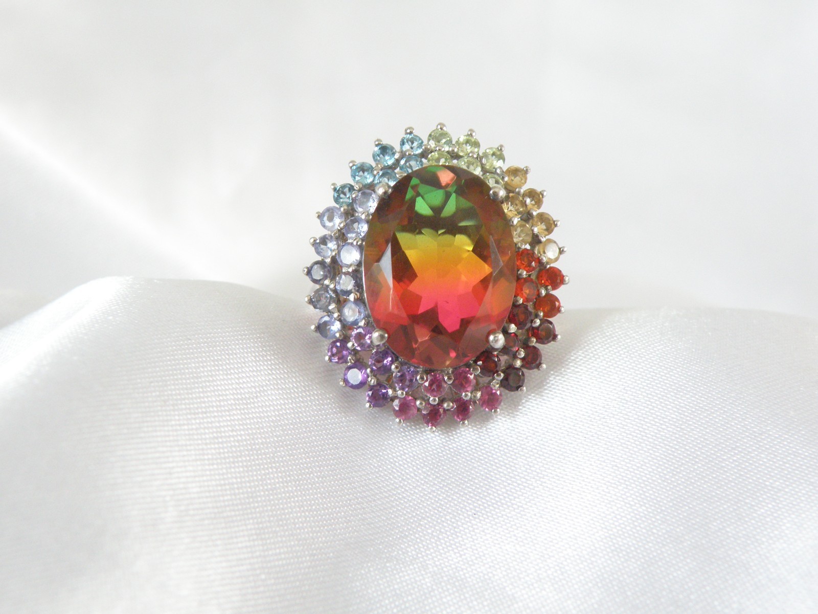 Large Sterling Silver 925 Watermelon Tourmaline Exotic Gemstone Statement Ring 8