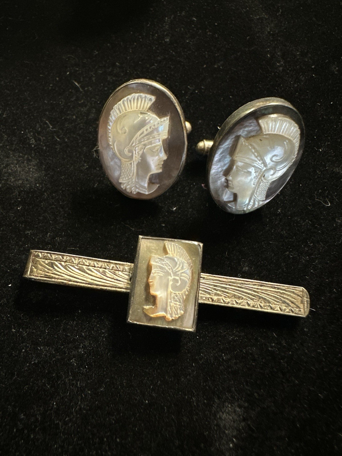 Vintage Handcarved Abalone Cameo ROMANSOLDIERS Sterling Tie Clip & Cufflink Set