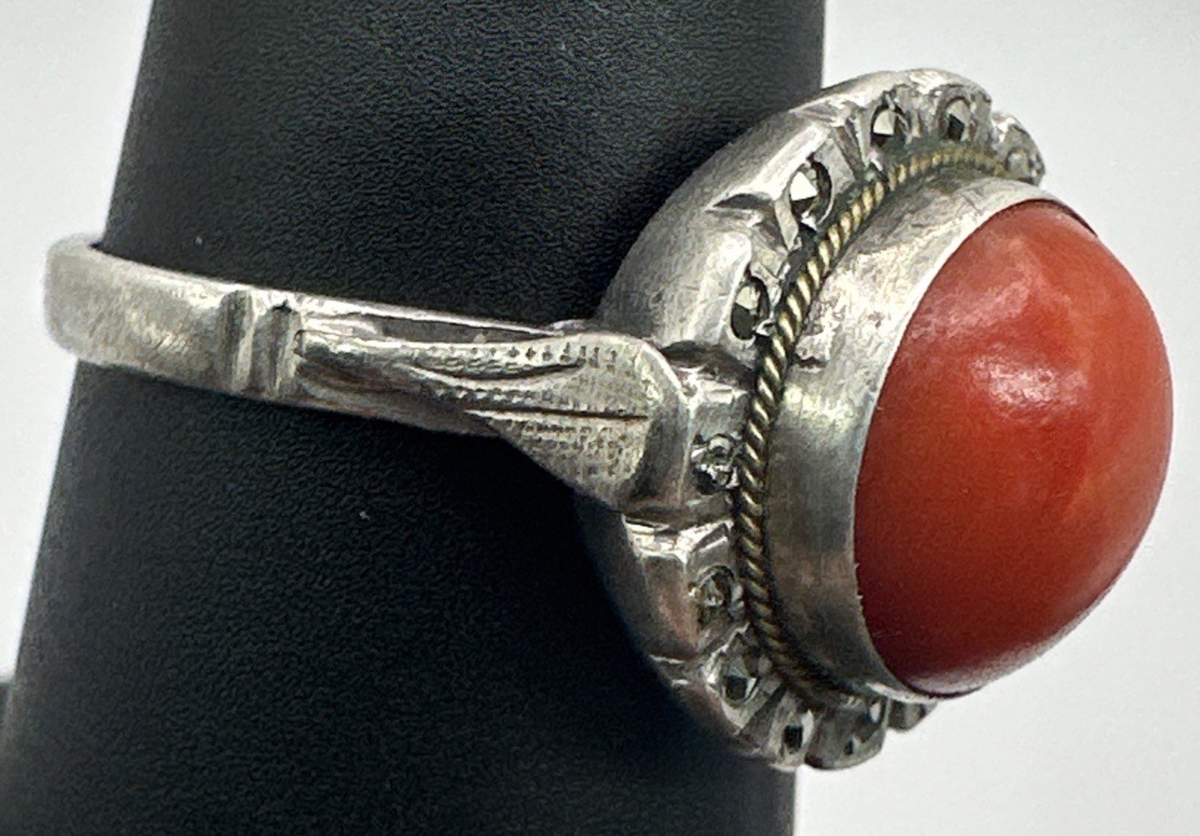 Sterling Silver Coral Marcasite Ring Sz 6 Vintage