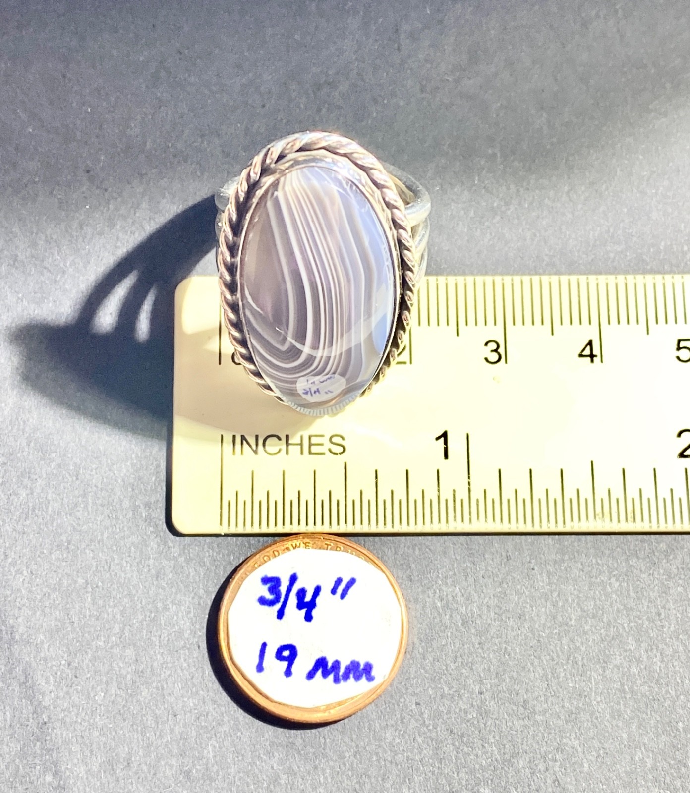 Vintage Sterling 19×27 mm Gray Blue and White Banded Agate Ring Size 7 3/4