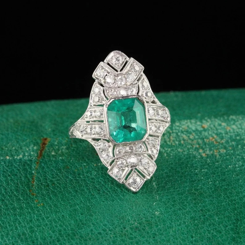 2.50 Ct Lab-Created Emerald And Diamond Art Deco Style Statement Ring 925 Silver