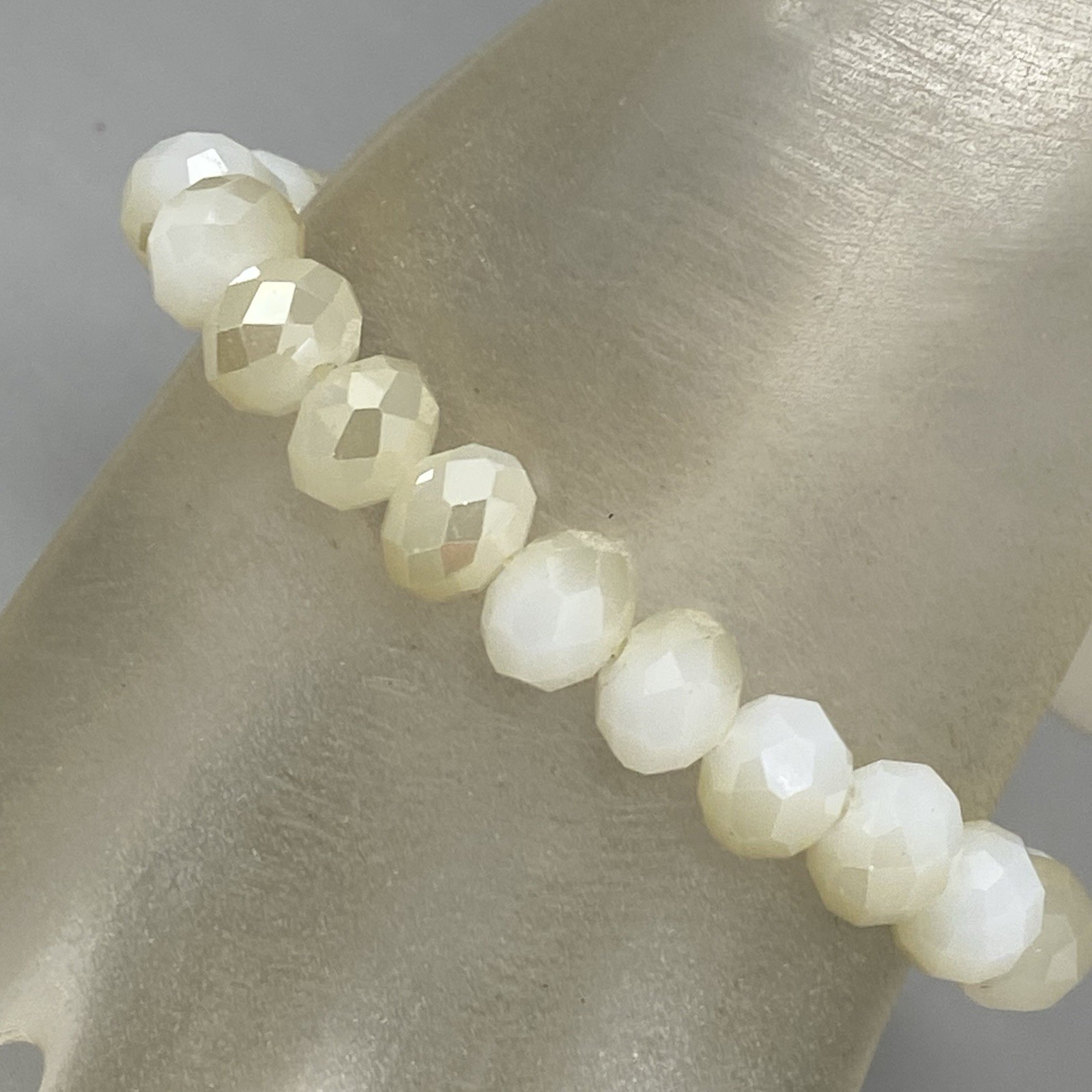 White Glass Beaded Bracelet Fire Polished Iridescent Faceted Stretch Elastic 7″