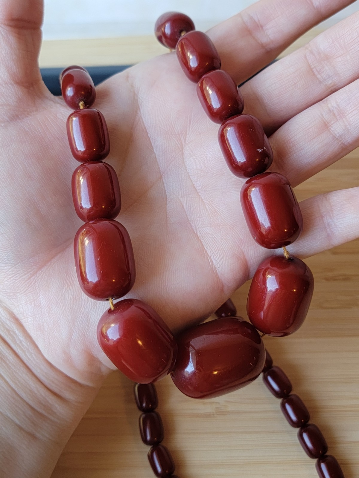 Cherry Amber Bakelite Barrel Prayer Bead Necklace – 76 Grams