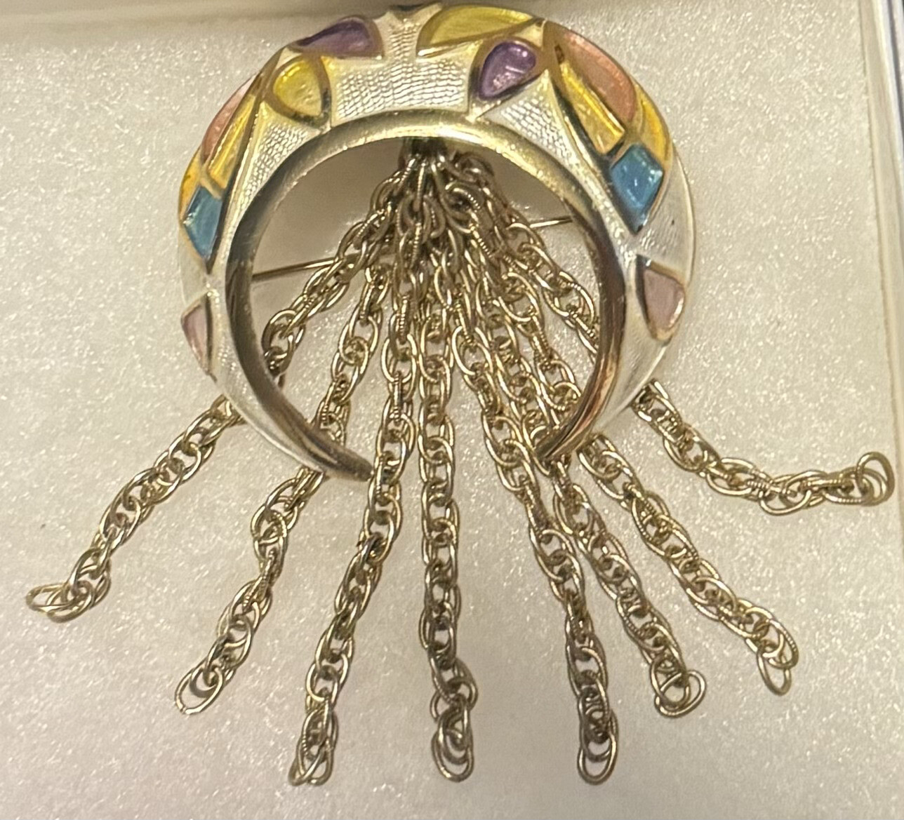 Rare Vintage Signed Hobé Enamel Brooch & Earrings Set w/ Chain Fringe