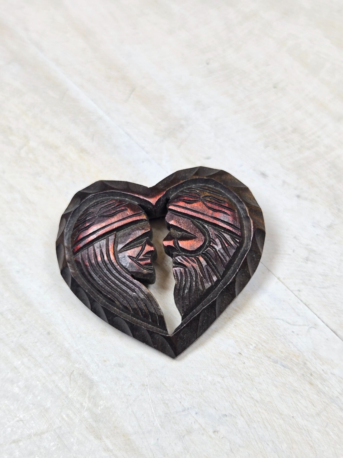Vtg Hokkaido Wood Carved Heart brooch Artist signed Rare Jewelry dated 1965