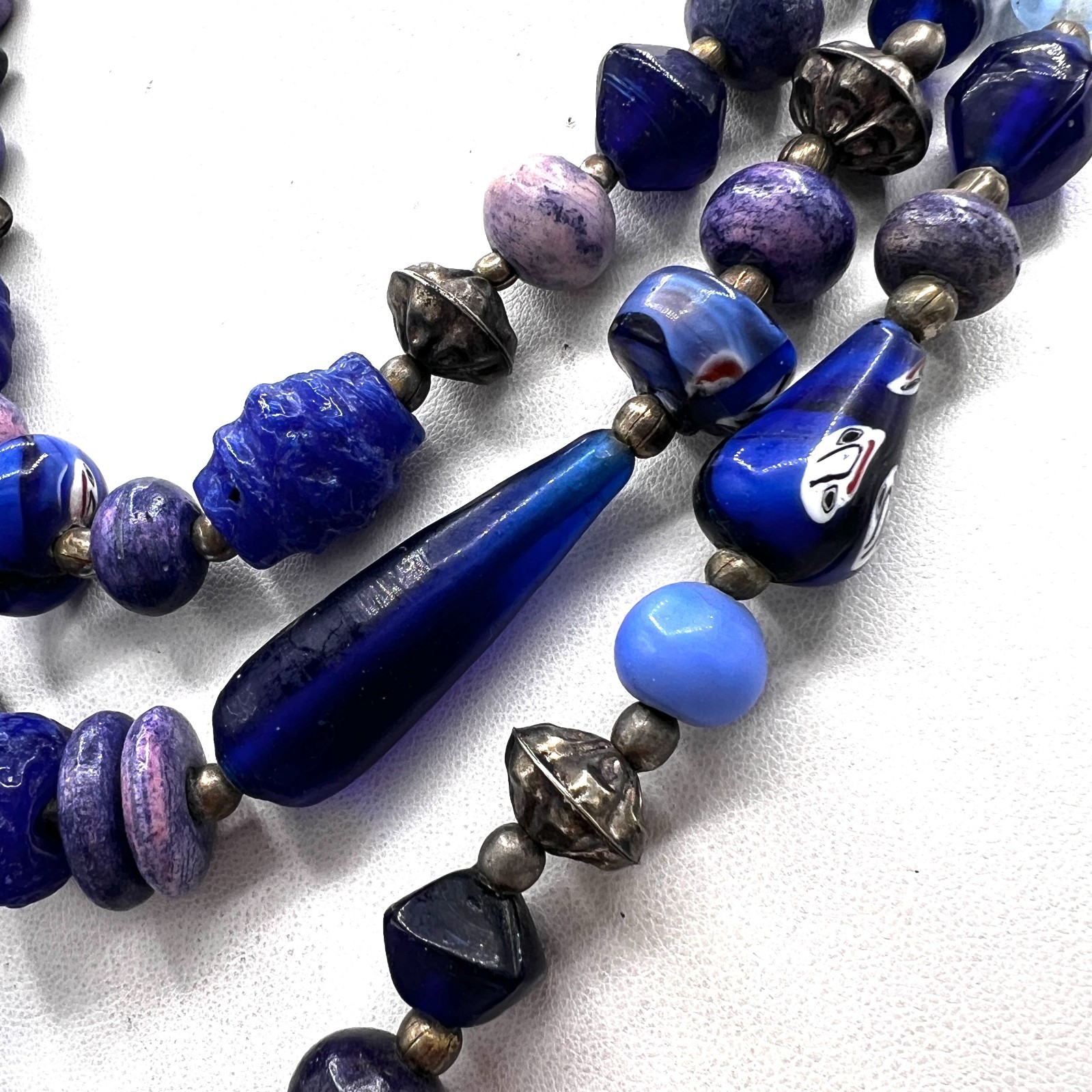 Three Strand Blue Purple Beaded Statement Necklace Artisan Boho Style 18″