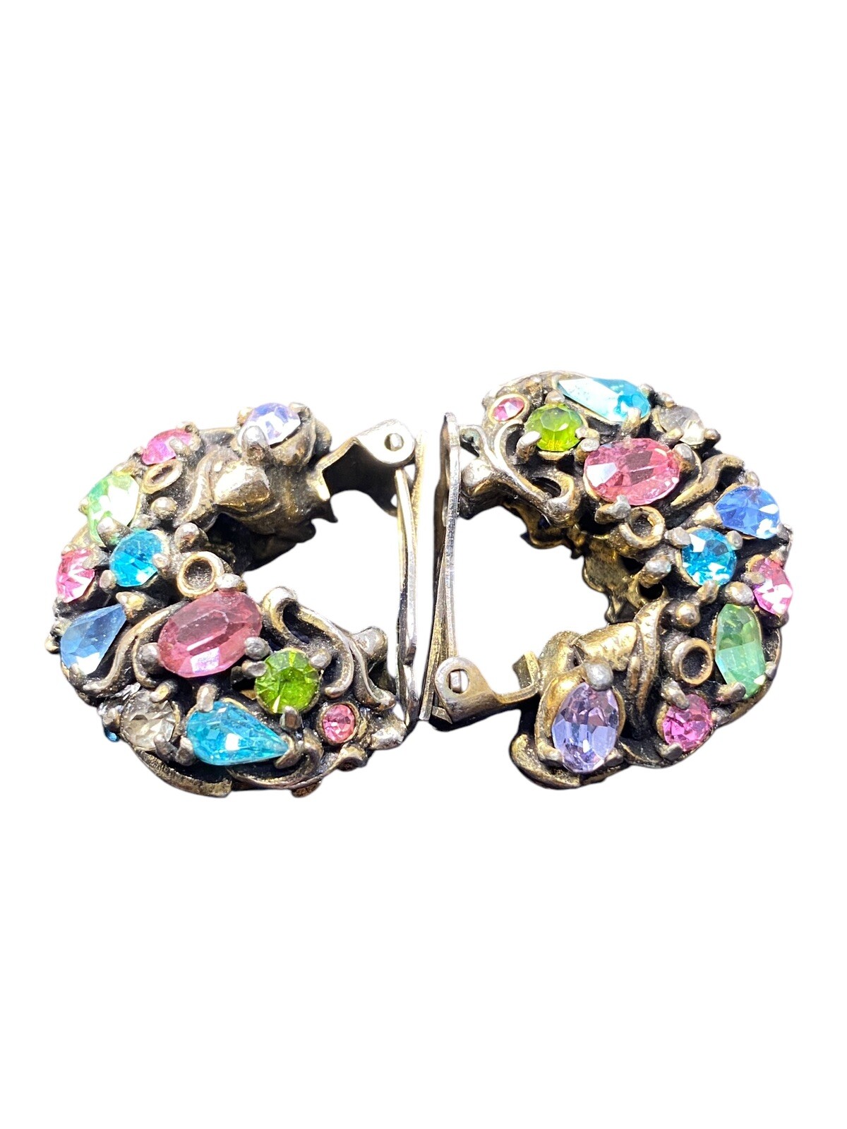 Vintage Hollycraft Multi Color Rhinestone Earrings Clip-on Silver tone Pastels