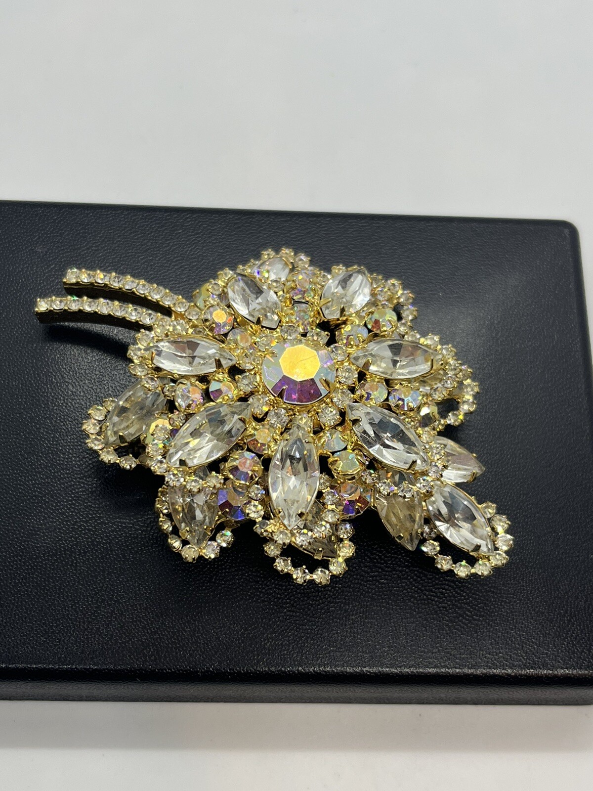 DeLizza and Elster Juliana clear & aurora borealis AB rhinestone leaf brooch pin