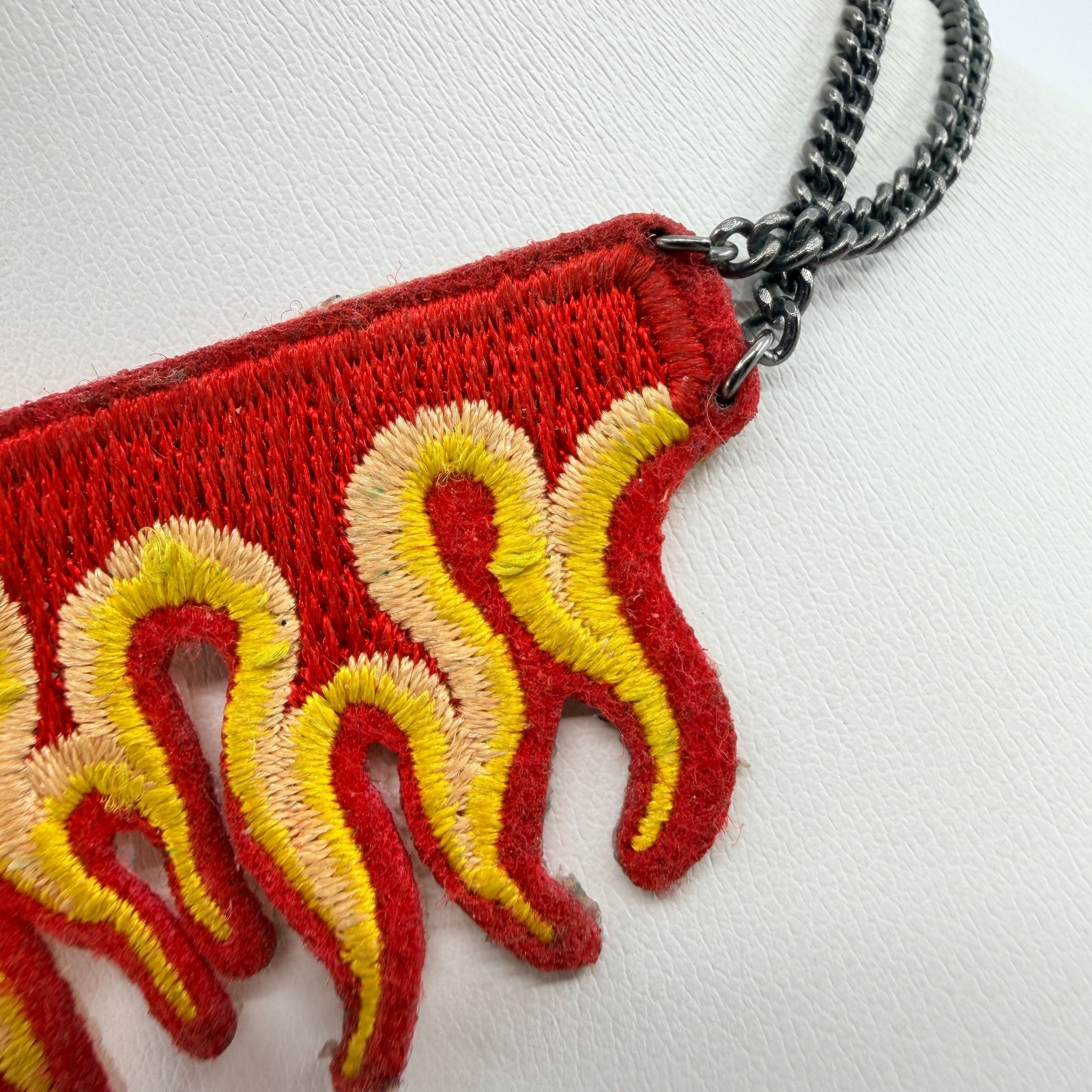 Vintage Flame Choker Necklace Embroidered Fabric Patch Fire Red Gunmetal Y2K 90s