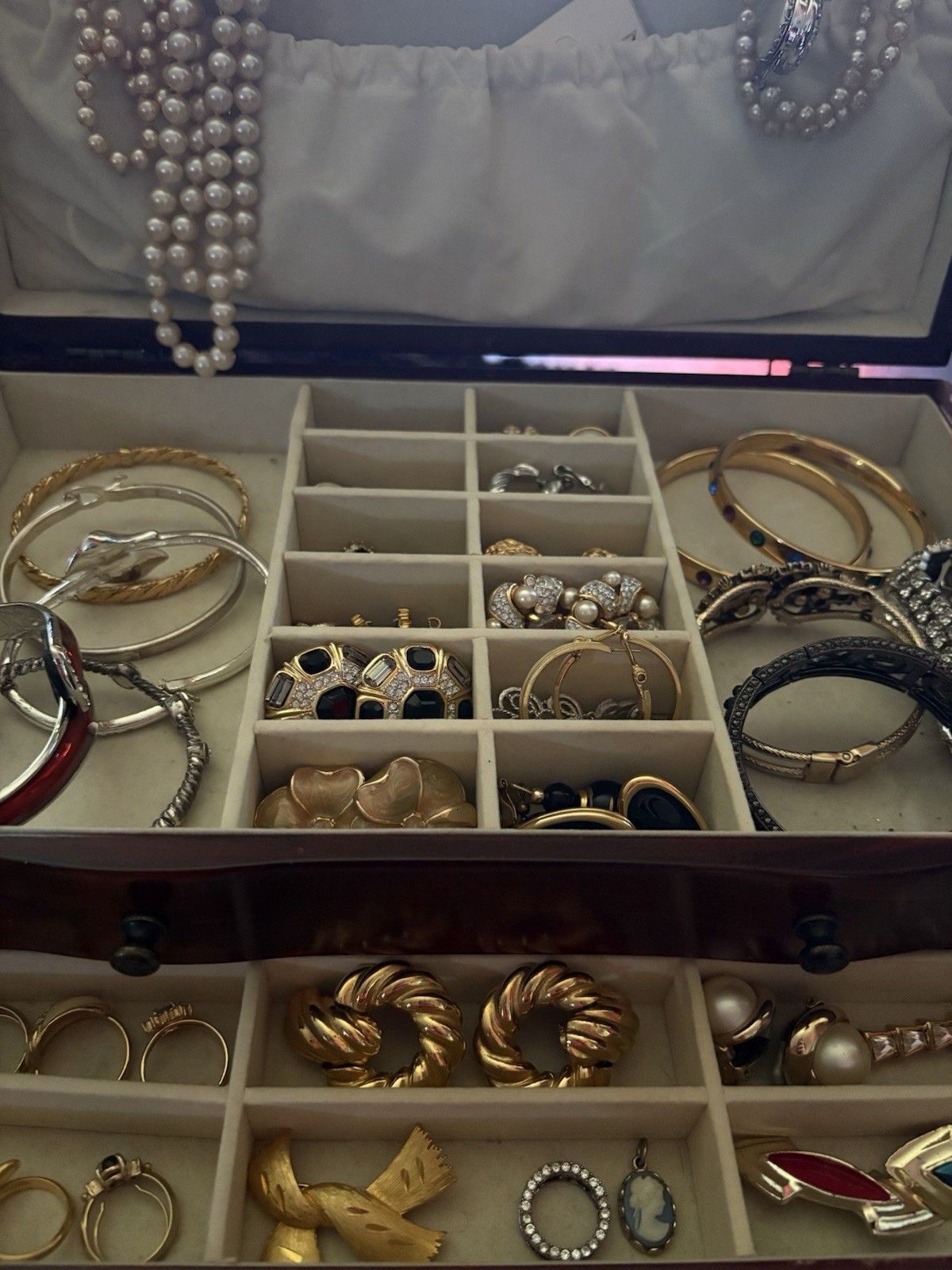 7 Tier Jewelry Box Full Of Trifari , Avon, Coro, Napier, Swarovski And Unbranded