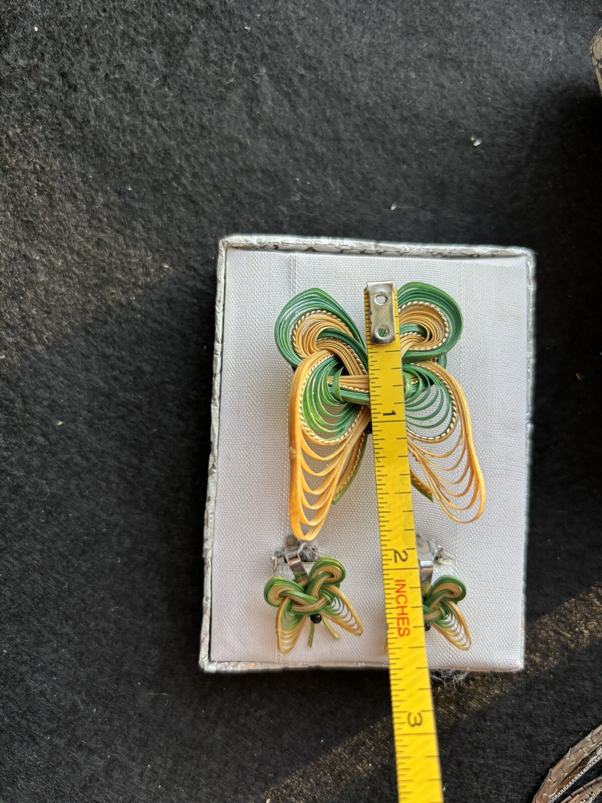 Bamboo Twisted Tied Brooch Pin & Clip Earrings Set Handmade NIB Taiwan Vtg