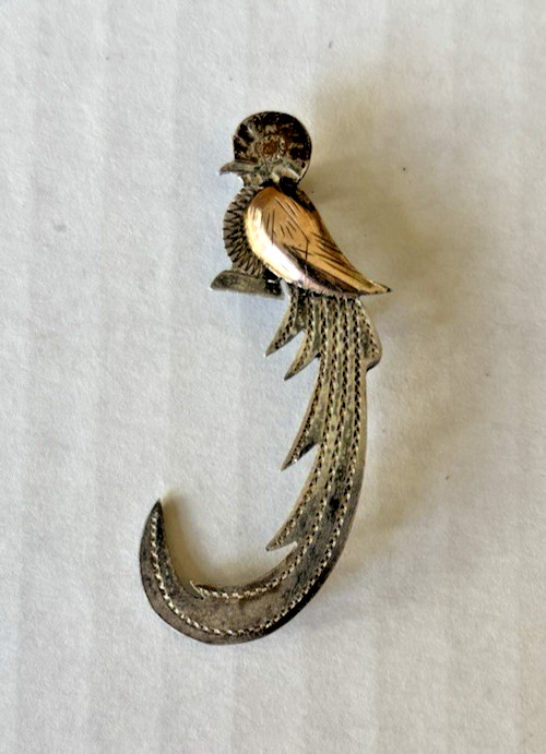 900 Sterling Guatemala QUETZAL BIRD Pin, 10k Rose Gold Wing, 2g, 1870, 1.75″