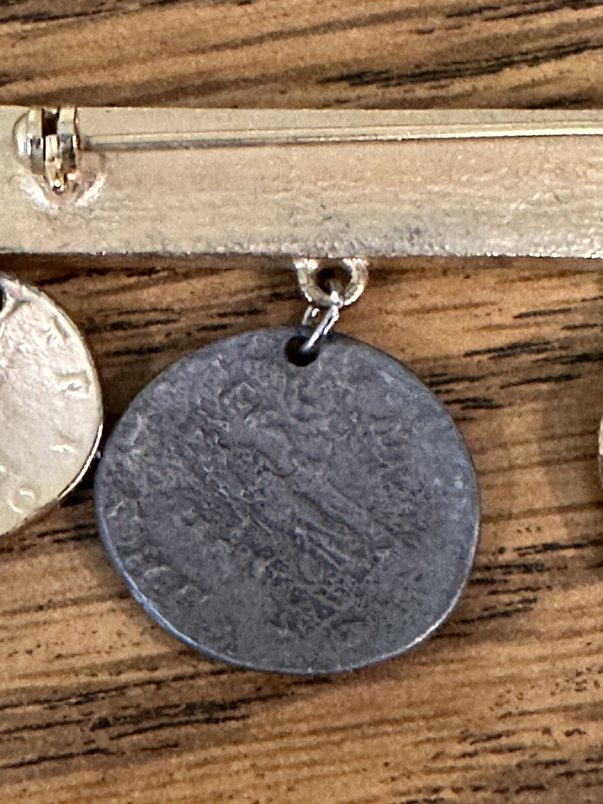 Vintage Brooch Pin ~ 4 Coin Charm Runway Bar Dangle Drop Mixed Metals ~ 2.75″