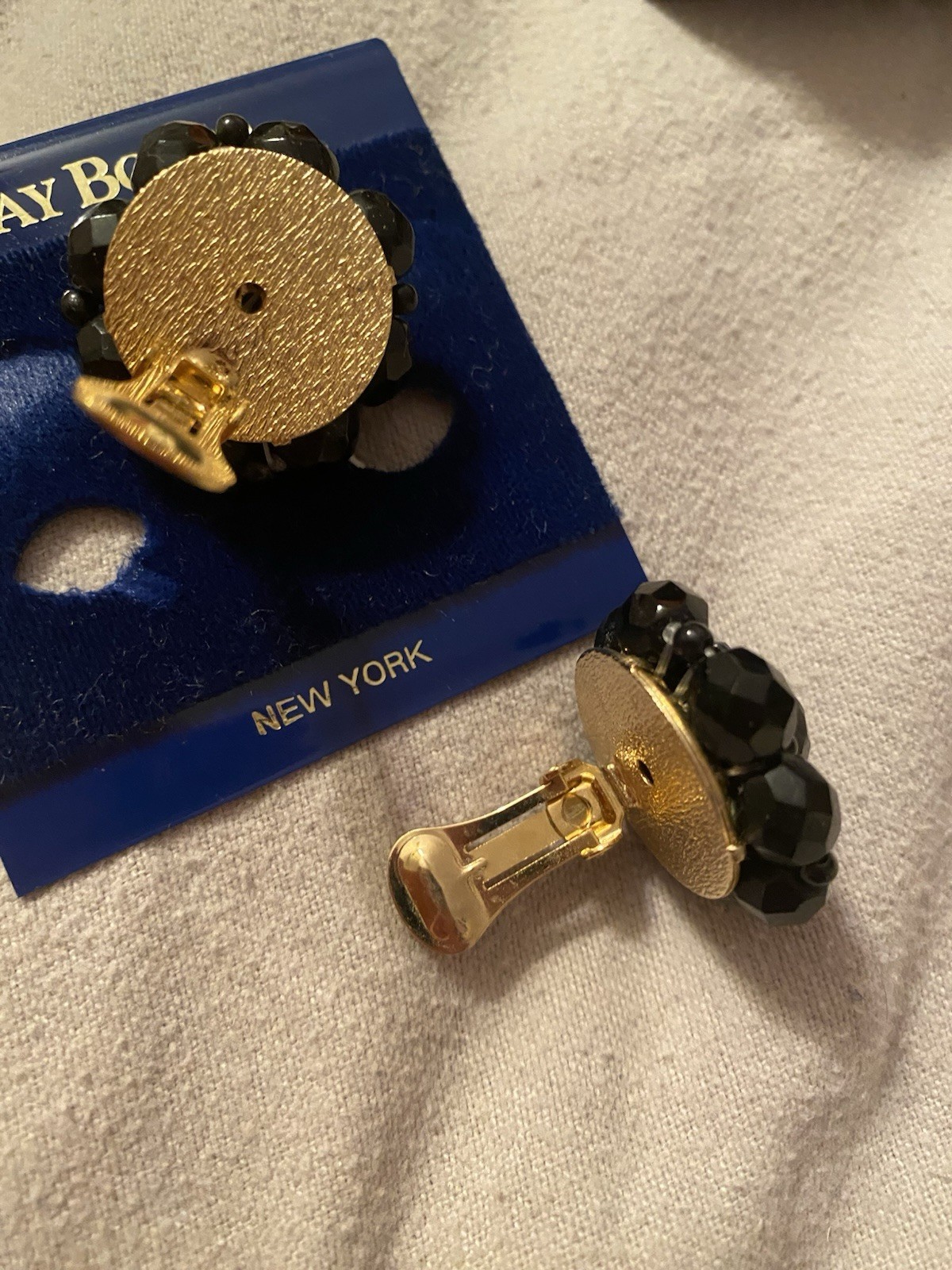 Gay Boyer Vintage Clip On Earrings Round Black Shimmer Enamel Gold Tone Flowers