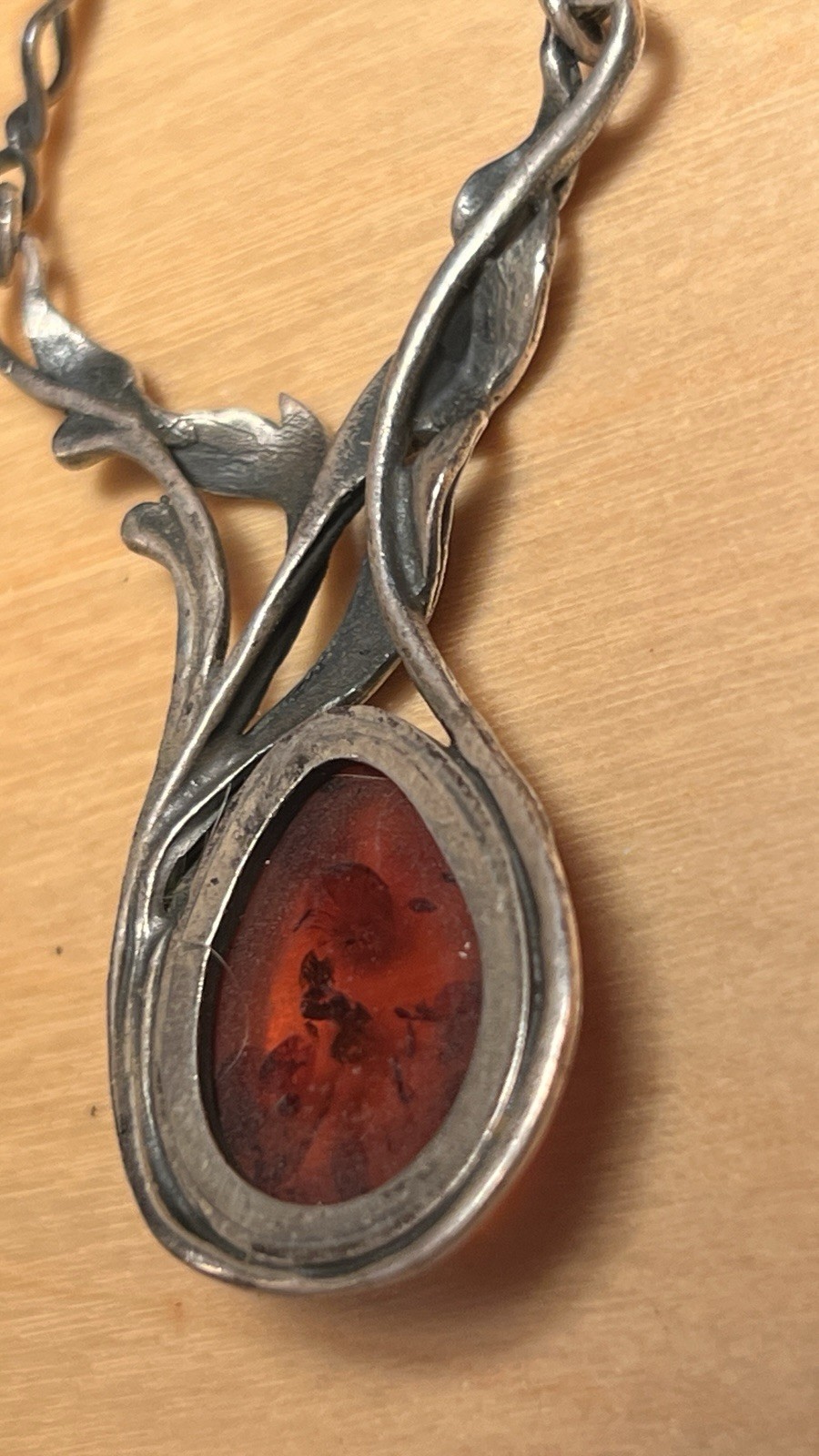 Art Nouveau Sterling Silver Twist Link Foliage Design Baltic Amber Necklace