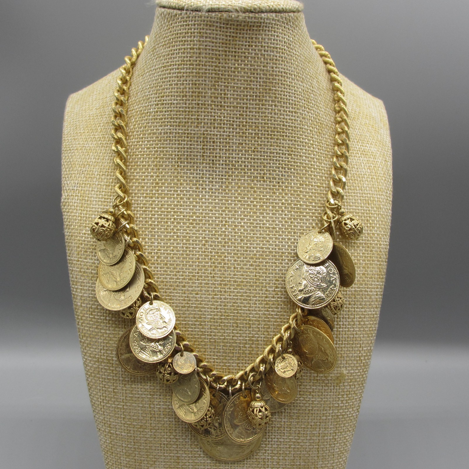 Vintage Faux Coin Necklace Charm Dangle Roman Soldier Gold Tone 18 Inch