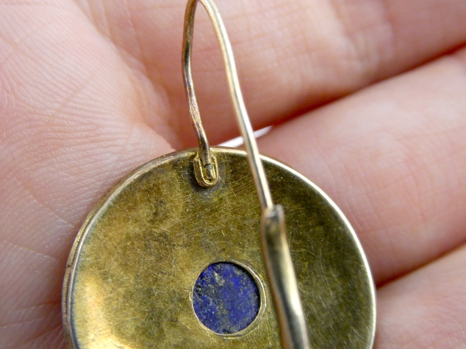 Vintage Gilt Sterling Silver Scroll Motif Lapis Lazuli Hook Earrings 7.3g 1.25In
