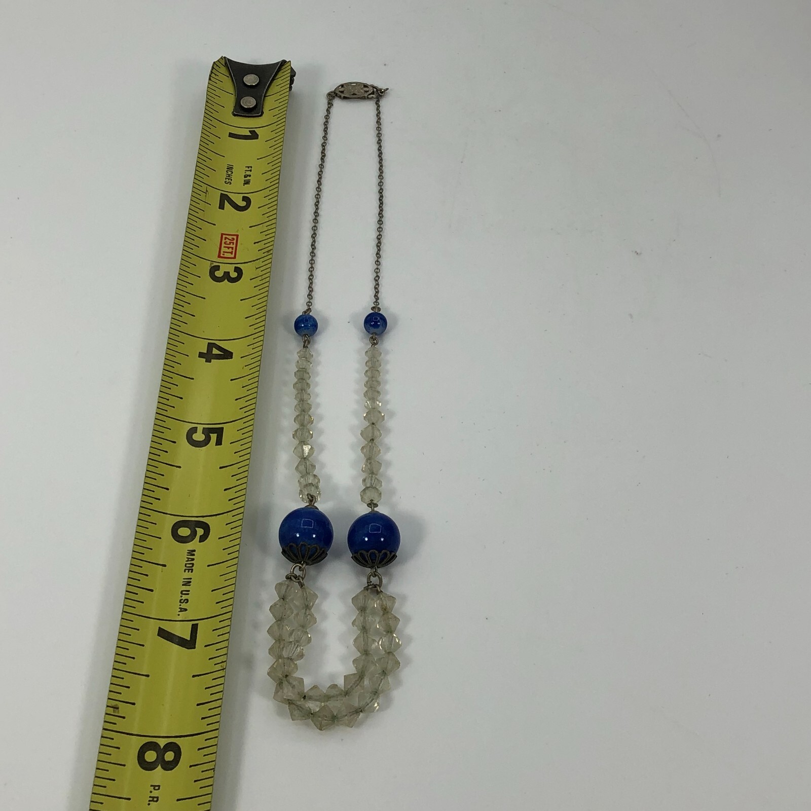 Vintage Bicone Glass Beaded Necklace Art Deco Style Estate Find Blue & Clear