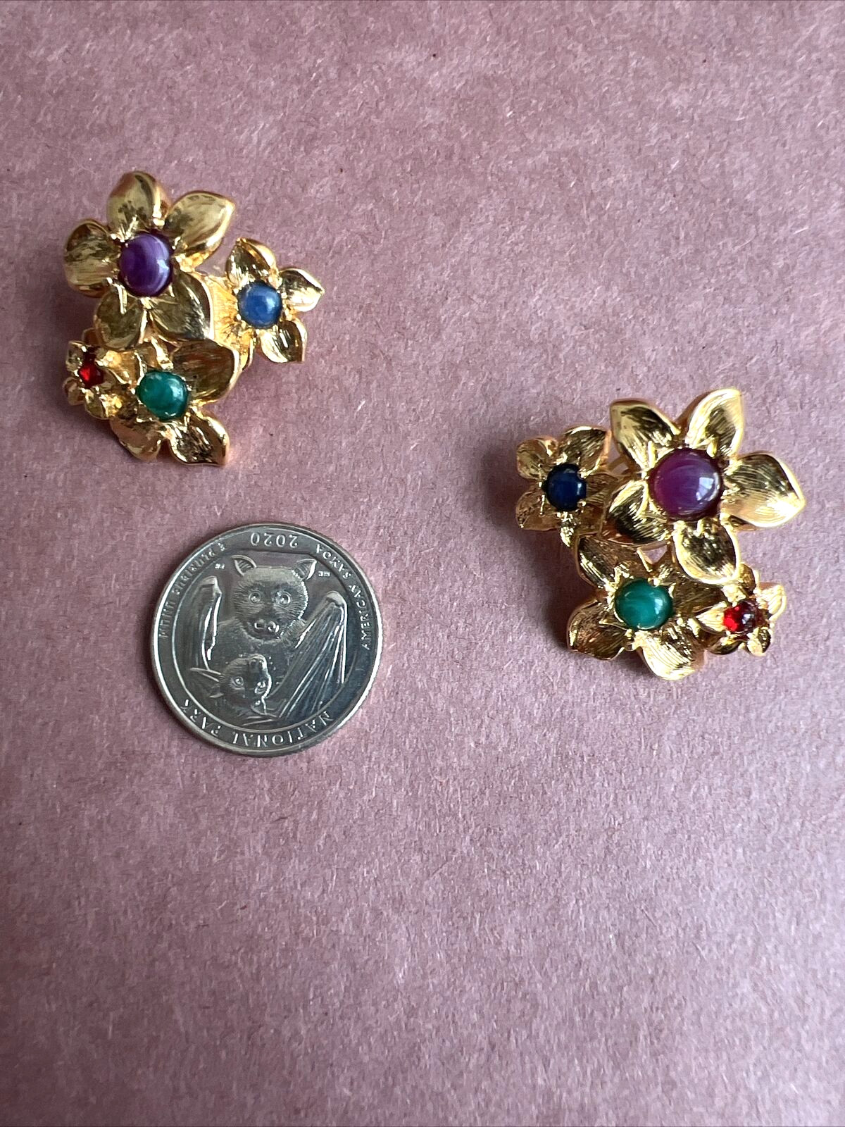 Avon Gold Tone Four Flower Earrings With Blue And Purple Gem Centers