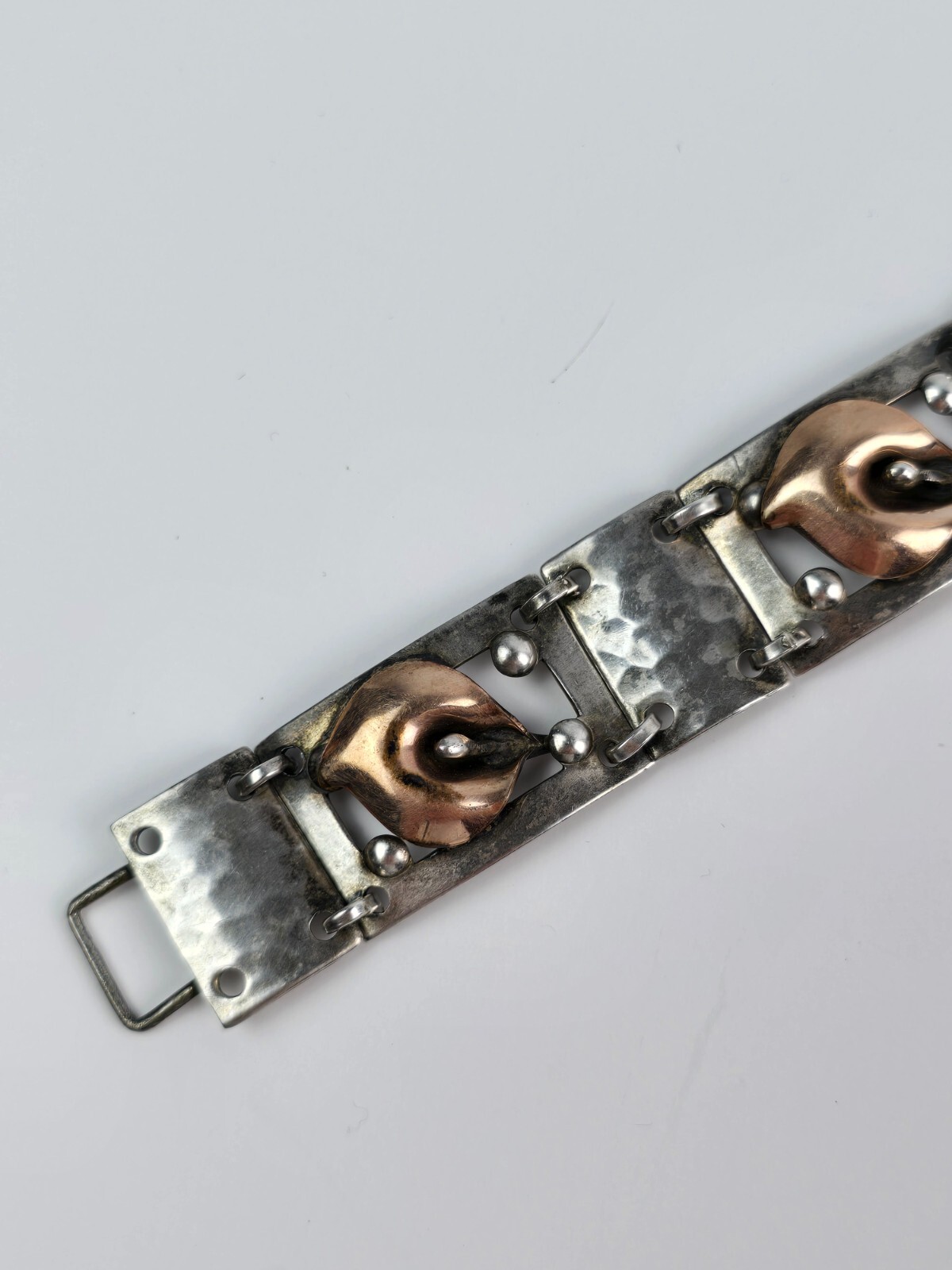 Vintage Sterling Silver & Gold Filled Flower Bud Square Link Bracelet 6.75″