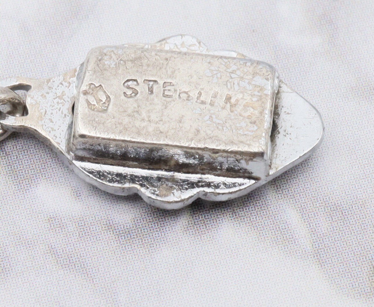 Antique Art Deco Blue Lozenge Shape Plaque Rhodium Plated Sterling Necklace