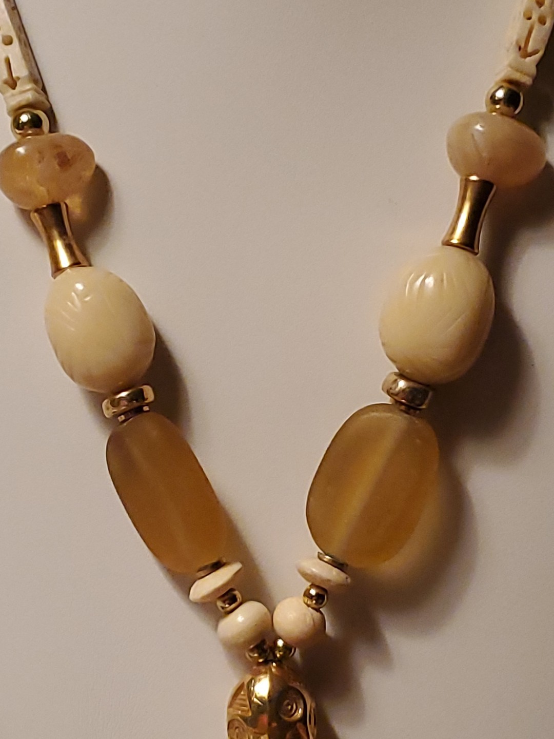 Vintage Tribal Necklace Carved Beads Gemstones Ethnic Boho Statement 20″ 07
