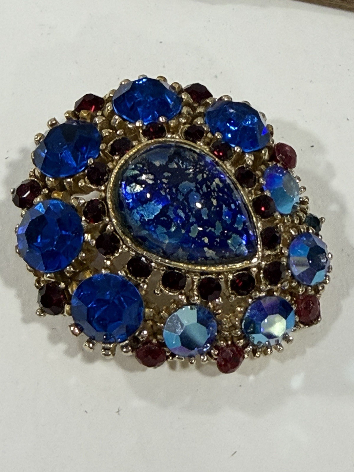 Vintage Brooch Center Teardrop Colbalt Blue AB Rhinestone Ruby Red Accent Stones