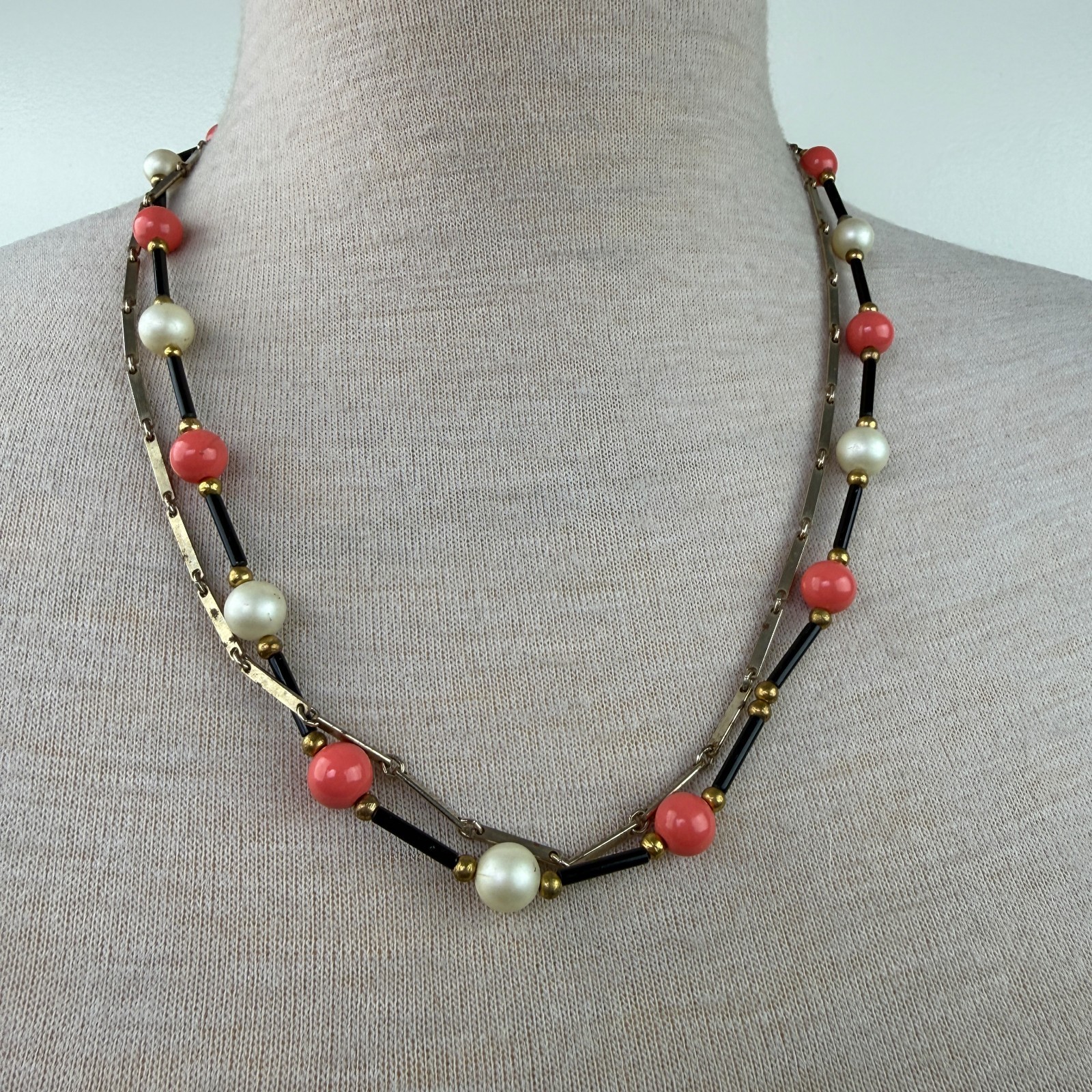 Vintage Two Strand Pink, Faux Pearl, Black Gold Tone Chain Necklace 22.5″