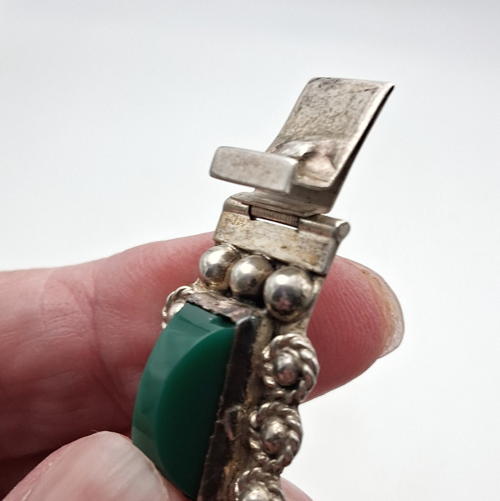 Vintage Sterling Silver Mexico Green Onyx Stones Small Bracelet
